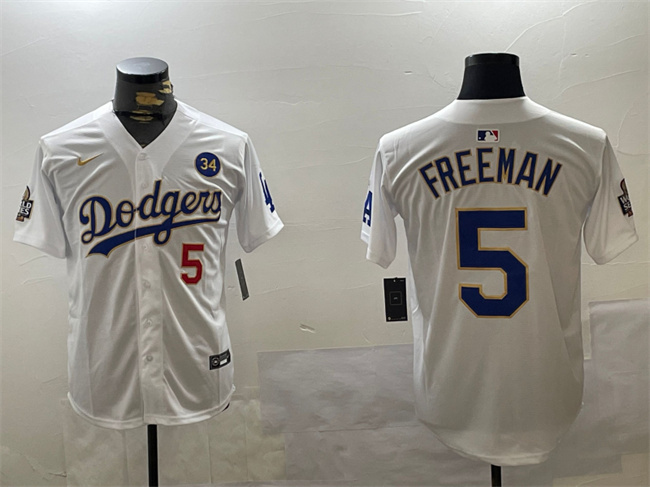 Men's Los Angeles Dodgers #5 Freddie Freeman White Gold 2024 World Series With No. 34 Patch Home Limited Stitched Baseball Jersey Men's Los Angeles Dodgers #5 Freddie Freeman White Gold 2024 World Series With No. 34 Patch Home Limited Stitched Baseball Jersey